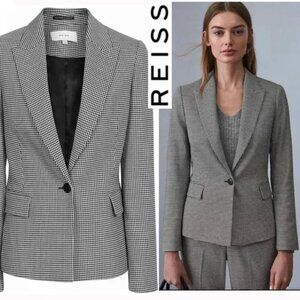 REISS Perla Puppytooth Print Blazer Size 10 Tailored Black & White Check Jacket